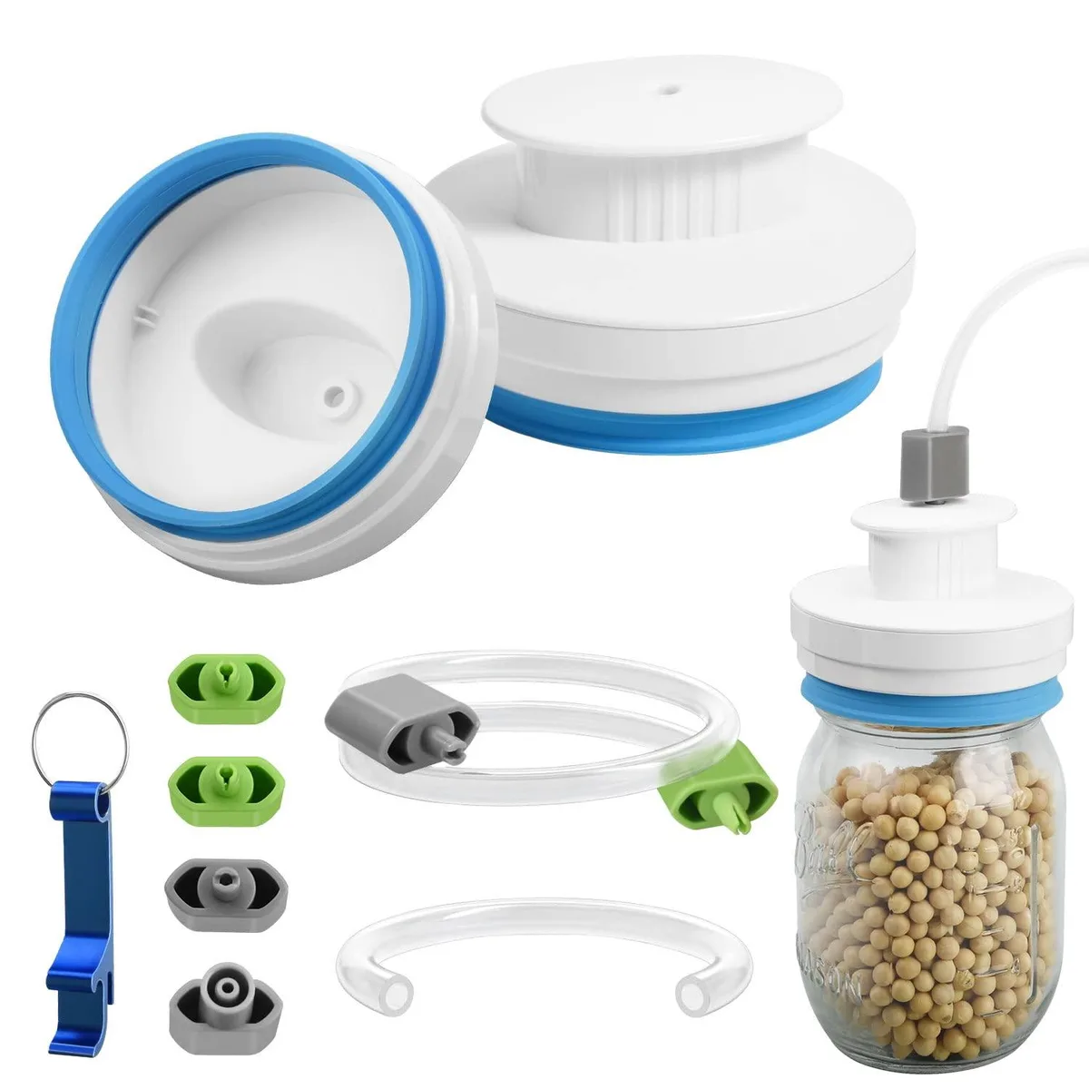 Clear plastic mason jar vacuum sealer kit with black ABS components and accessory hose