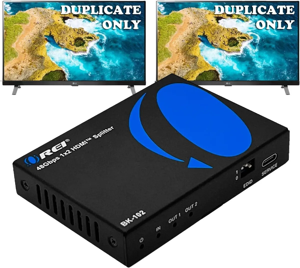 Compact black box with two HDMI ports and power input
