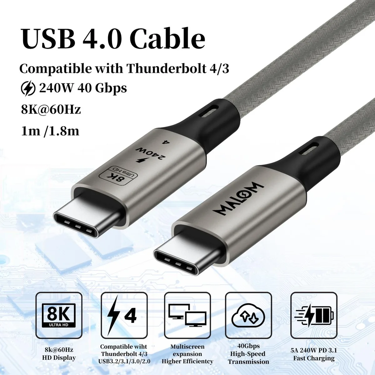 MALOM MALOM USB4 Cable USB-C to USB-C 40Gbps 240W 8K 1.8m — product photo