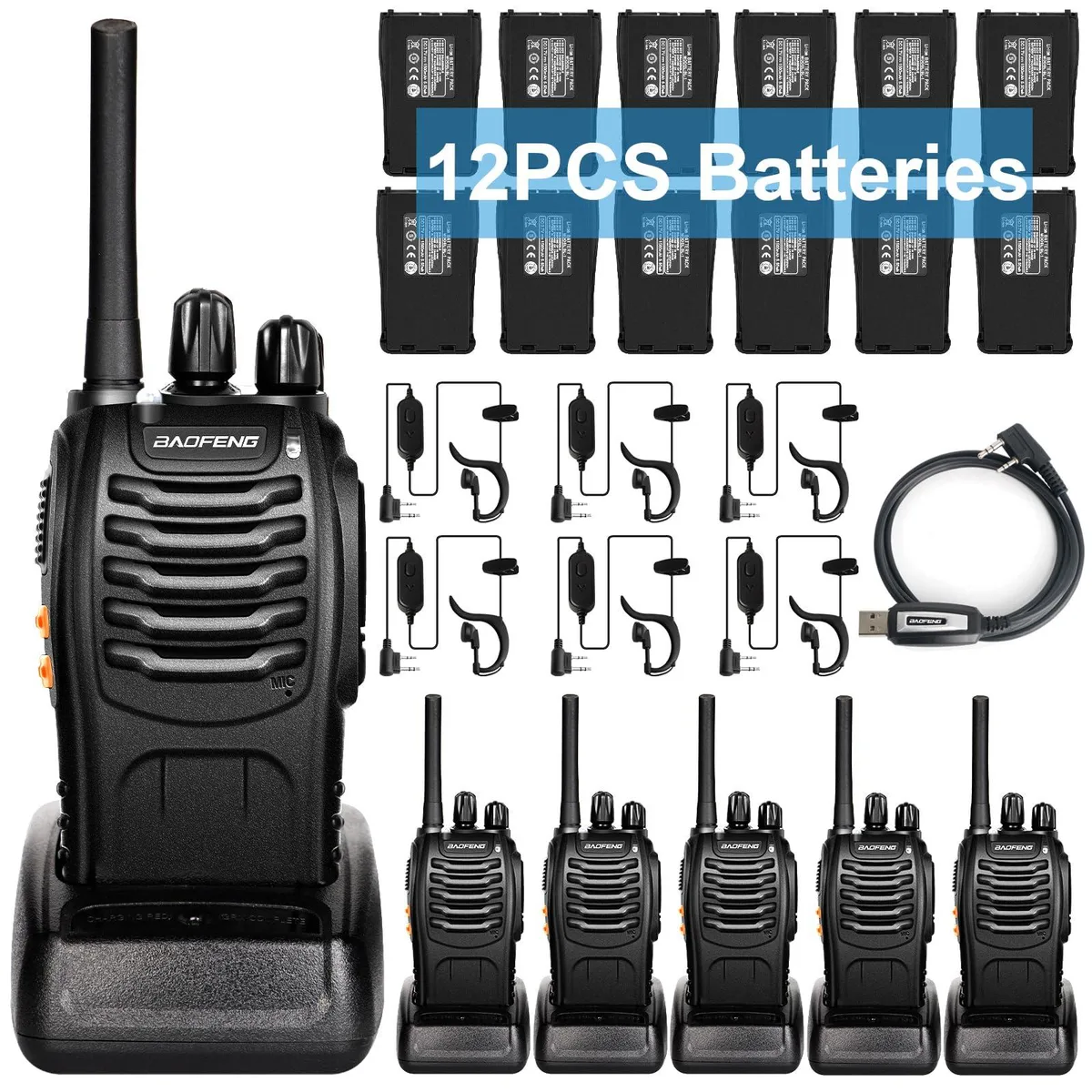  BAOFENG BF-88A FRS Walkie Talkie 6 Pack Black 12 Batteries — product photo