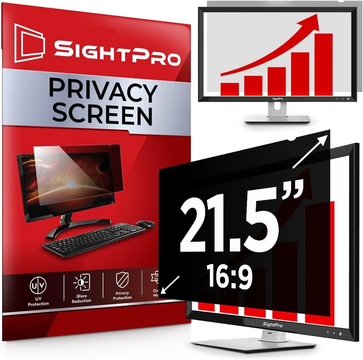 Black rectangular privacy filter for 21.5 inch monitor with adhesive strips and slide tabs