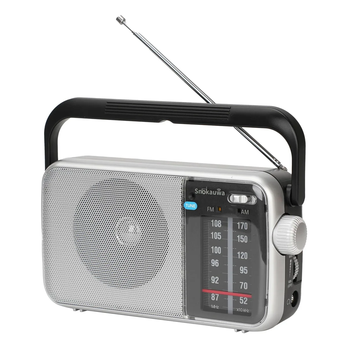 Small rectangular portable radio with telescopic antenna and analog dials