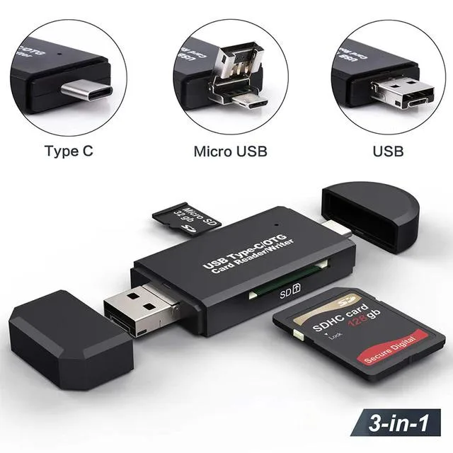 Black 8-in-1 card reader with USB-A, micro-USB and USB-C connectors