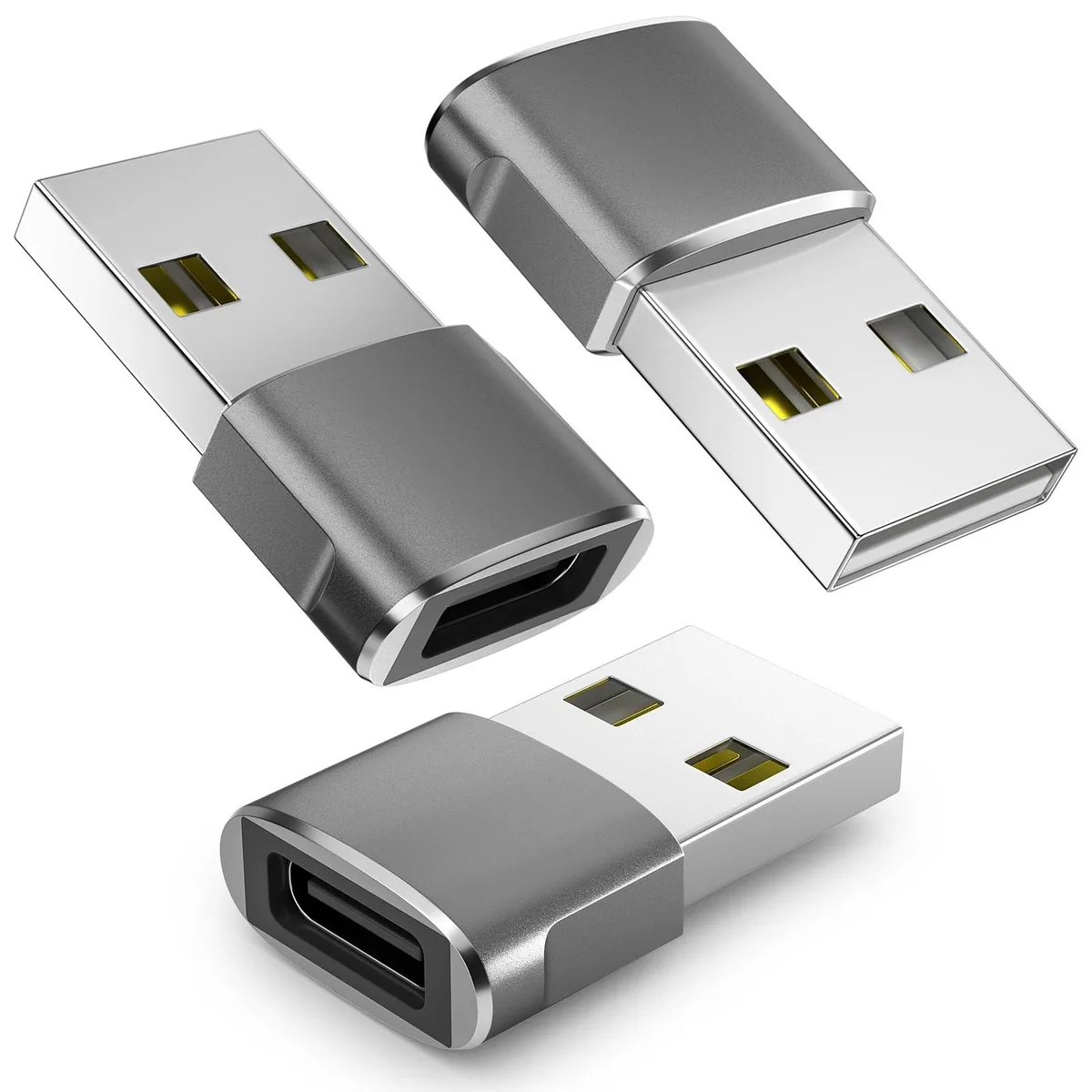 Three small grey USB-C to USB-A adapters side by side