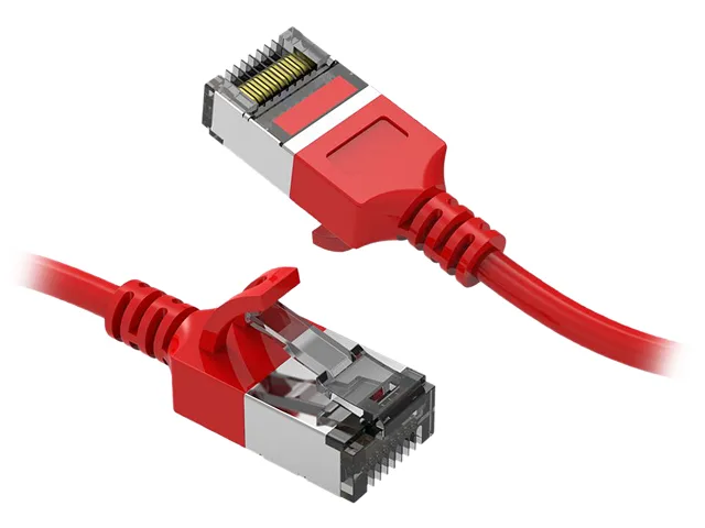 Red slim Cat8 ethernet cable with RJ45 connectors, 3 ft length