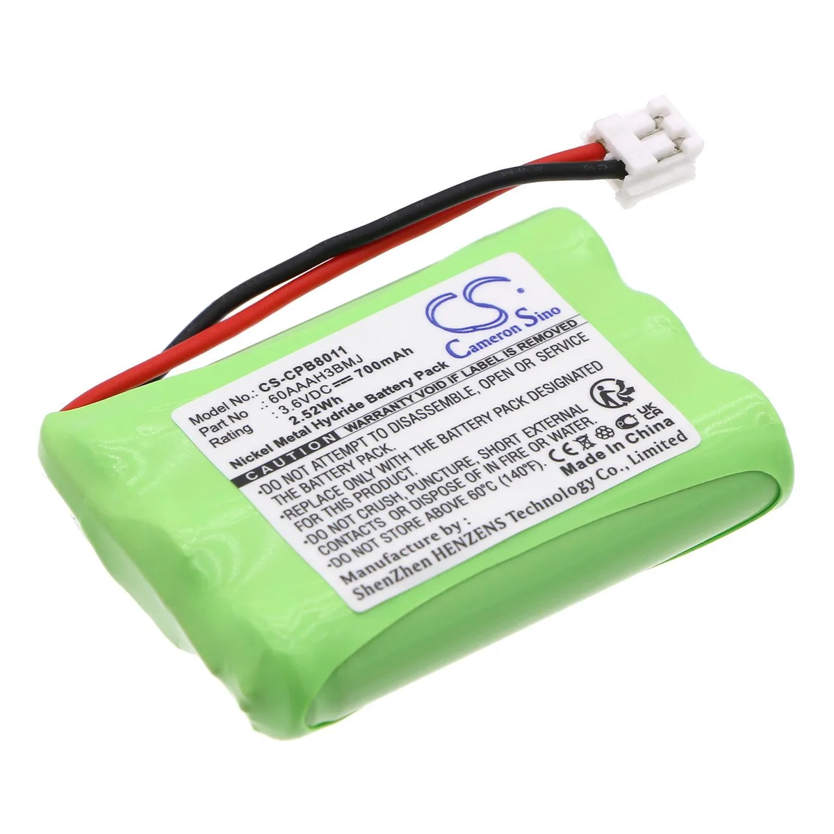 Small rectangular cordless phone battery with plastic casing and metal contacts