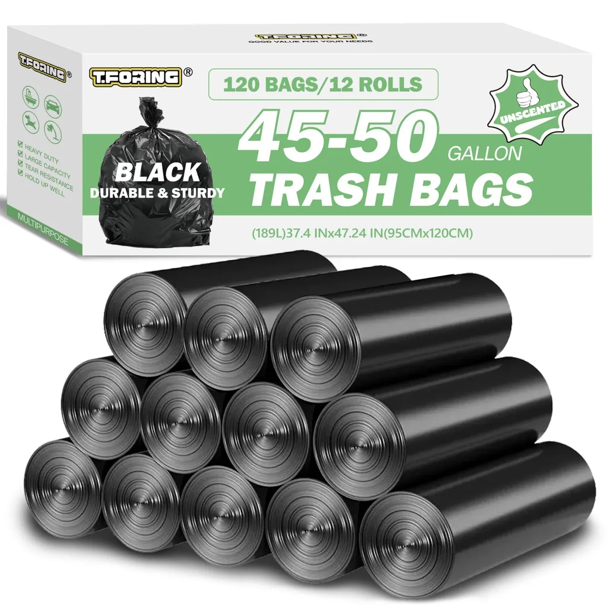 T.FORING 45-50 Gallon Trash Bags 38 x 47 Black 120 Count — product photo