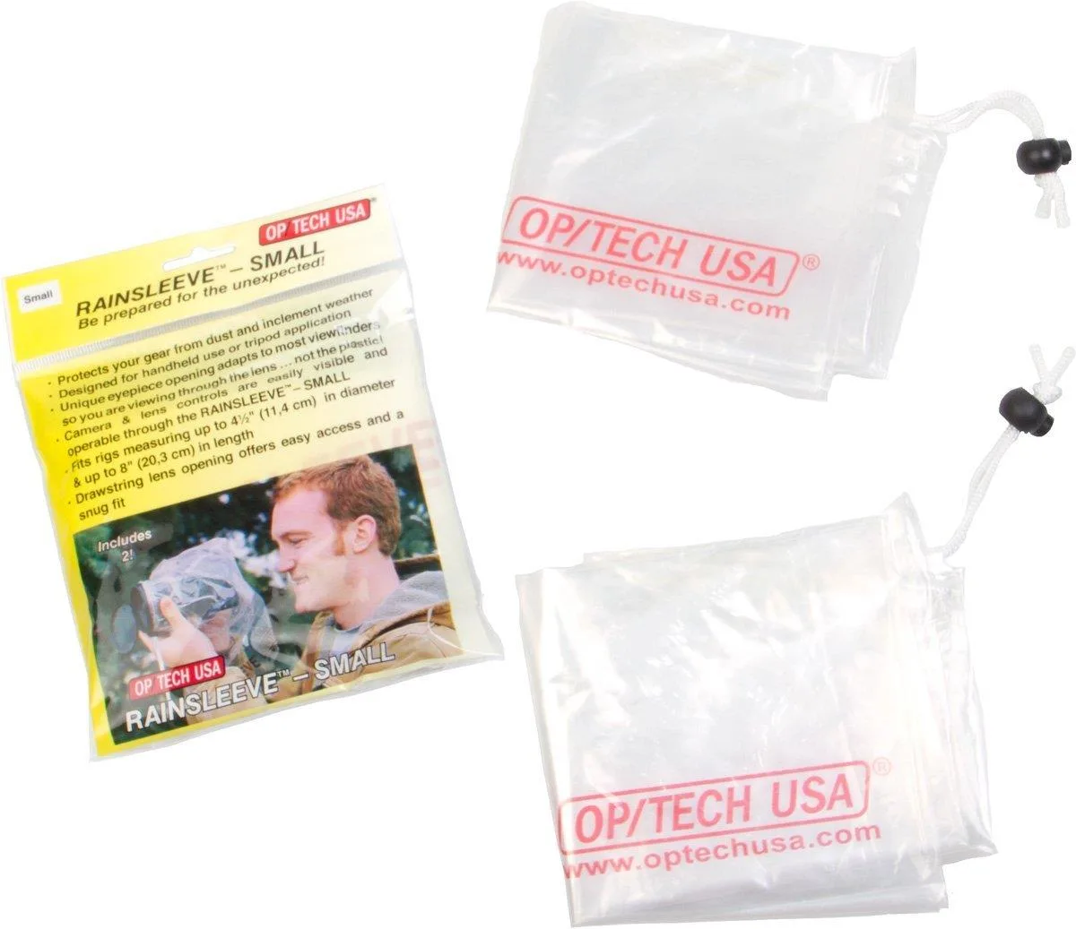 Two translucent plastic camera rain sleeves with drawstring closures and eyepiece openings, packaged together