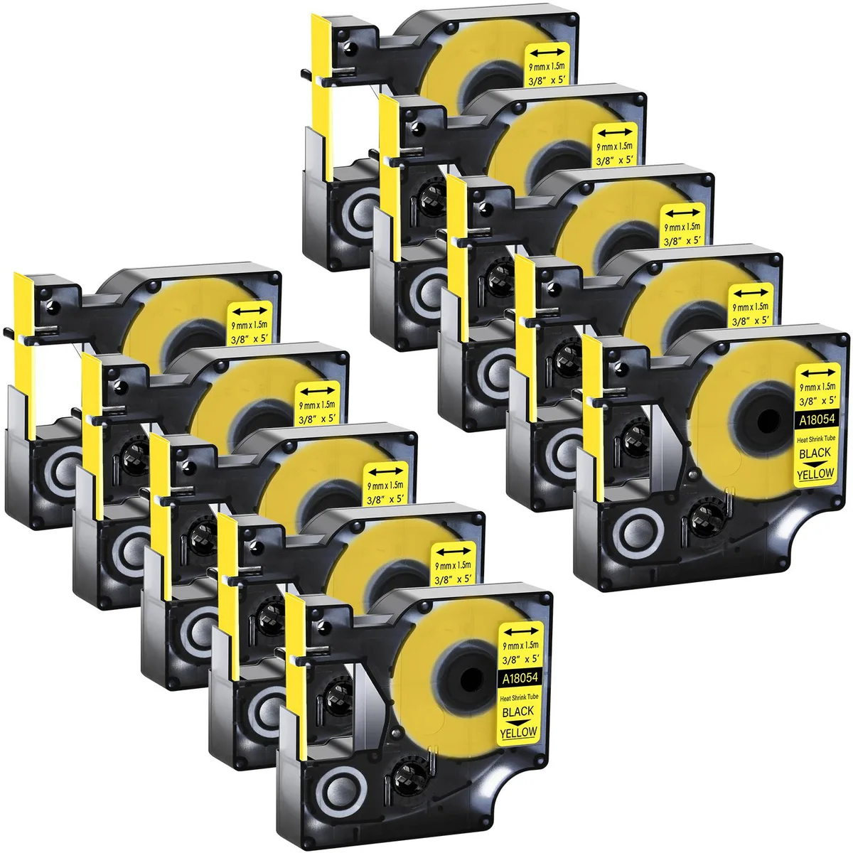 GREENCYCLE GREENCYCLE A18054 10-pack 9mm 1.5m black on yellow heat-shrink label tubes — product photo
