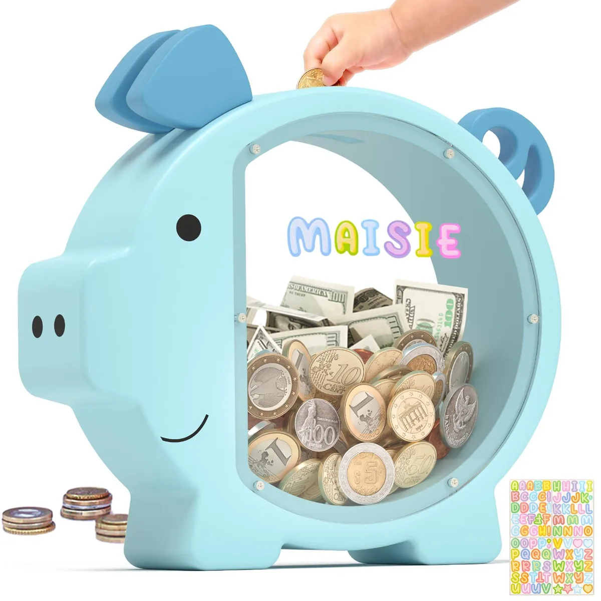 Wooden Piggy Bank Blue 9.3x8.7x2.4 inch — product photo
