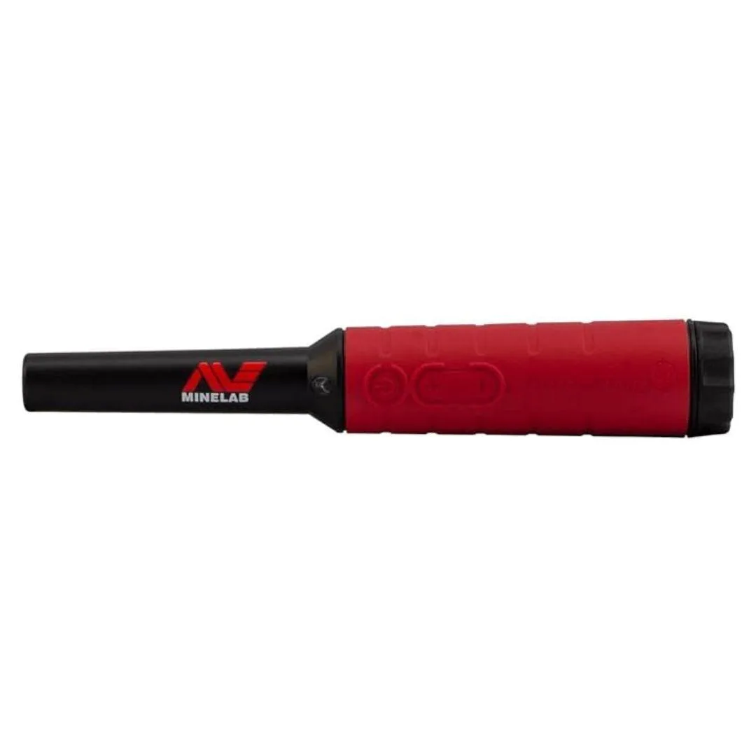 Bright orange waterproof pinpointer probe with black tip and control buttons