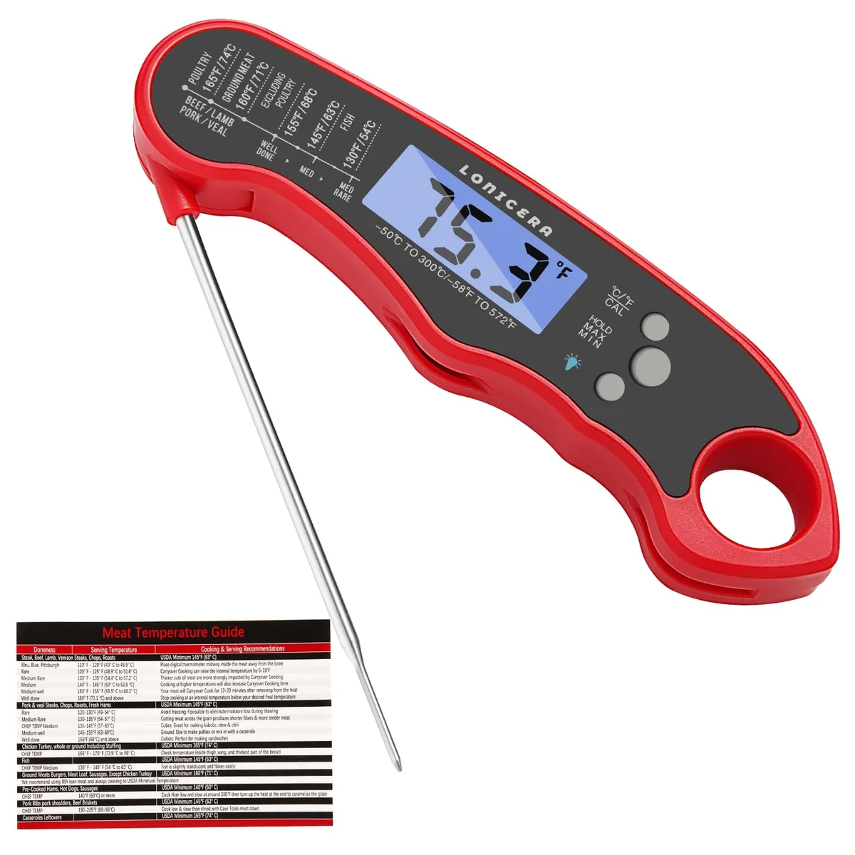 Red digital meat thermometer with foldable stainless steel probe and large backlit display