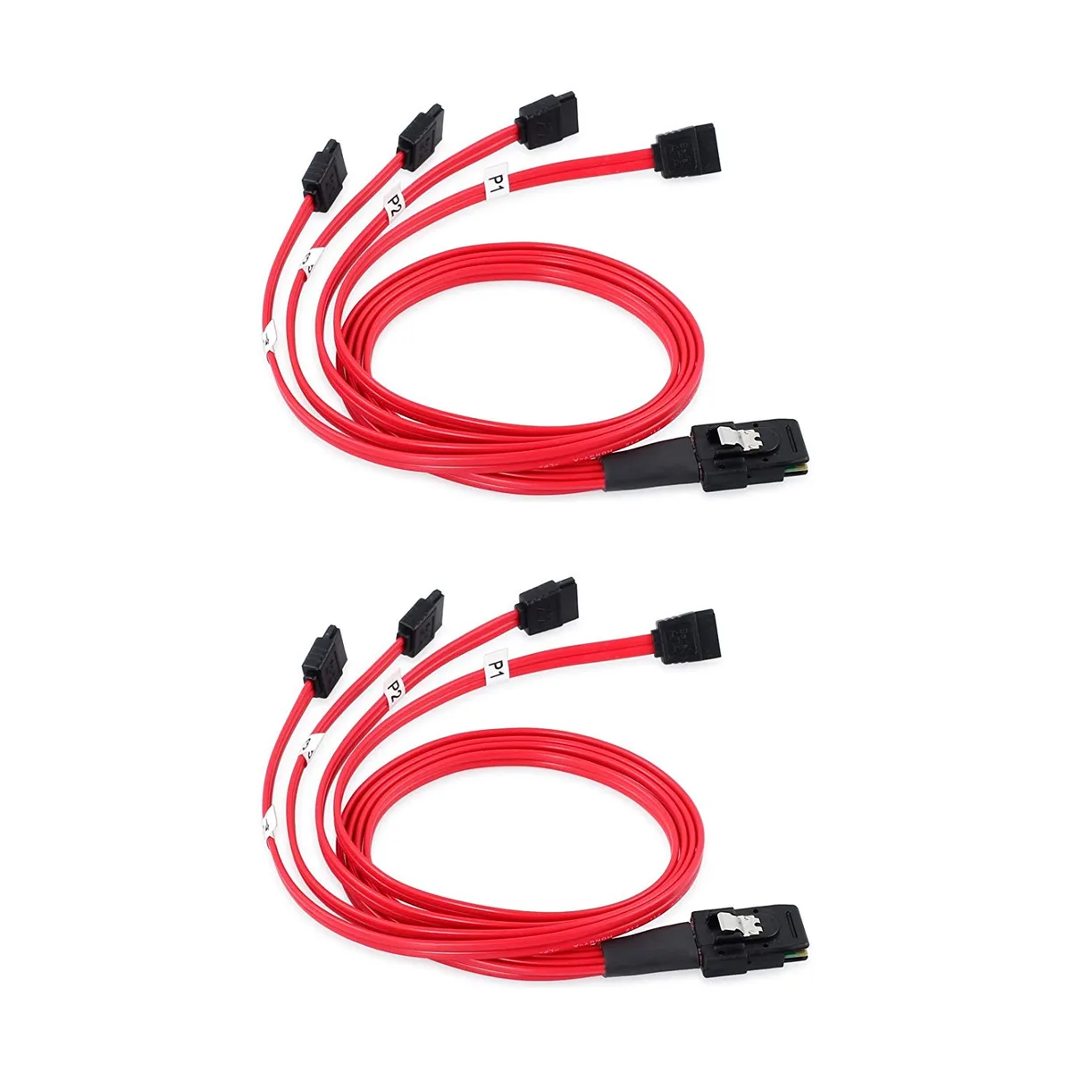 Two short Mini SAS SFF-8087 cables each splitting to four SATA connectors