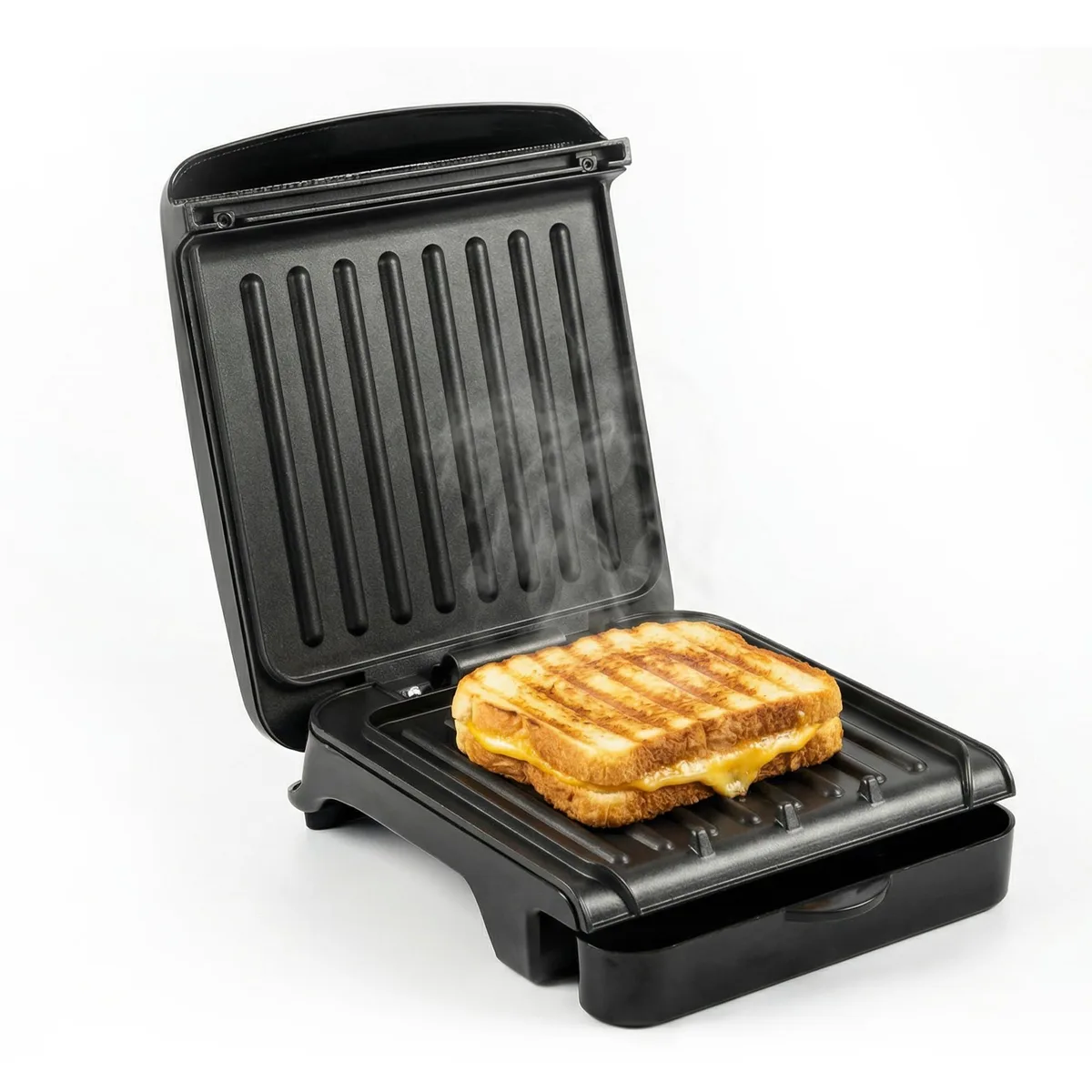 Black compact panini press with floating hinge and non-stick grill plates
