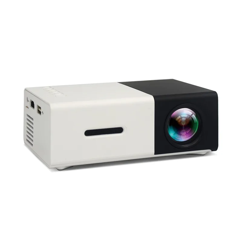 Compact yellow LCD mini projector with lens and built-in speaker