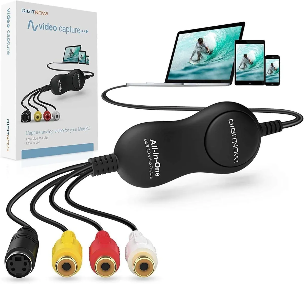 Small black USB 2.0 video capture dongle with RCA and S-Video ports
