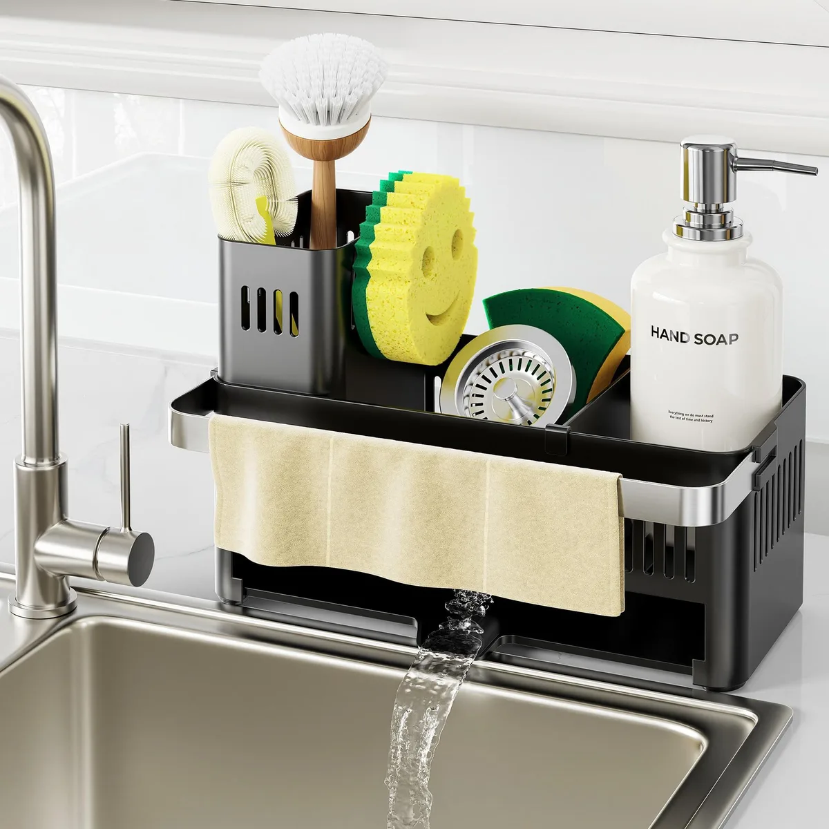 Black ABS sink caddy with towel rack, modular compartments, draining tray