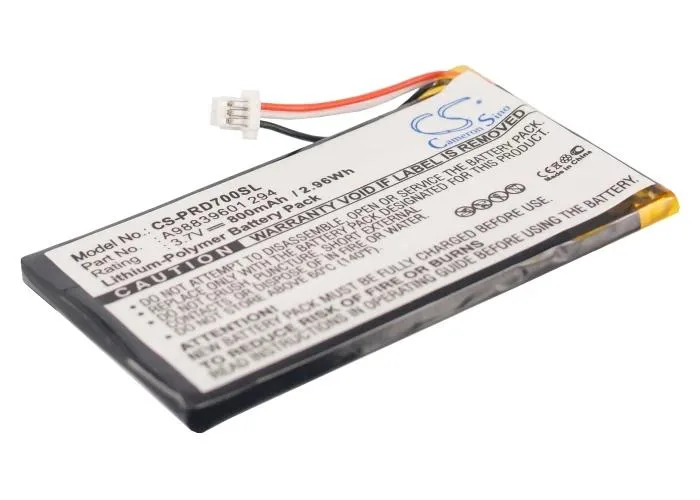 Rectangular grey battery pack with label showing 800mAh 2.96Wh