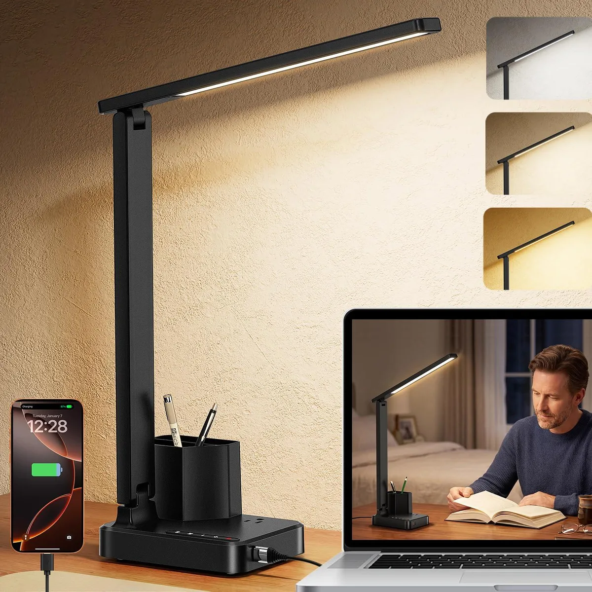 DNBeffulgent DNBeffulgent LED Desk Lamp USB A/C AC Pen Holder Black — product photo