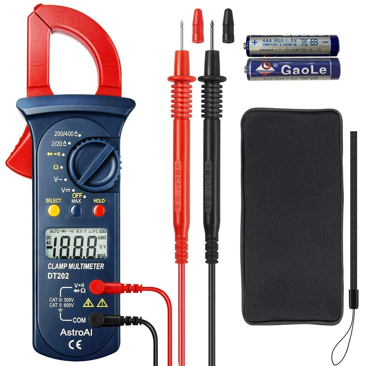 Yellow digital clamp meter with LCD display and hinged jaw, 240 by 150 by 45 millimetres
