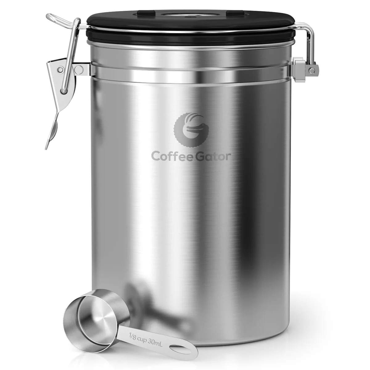 Silver stainless steel round canister with date wheel and scoop, 22oz capacity