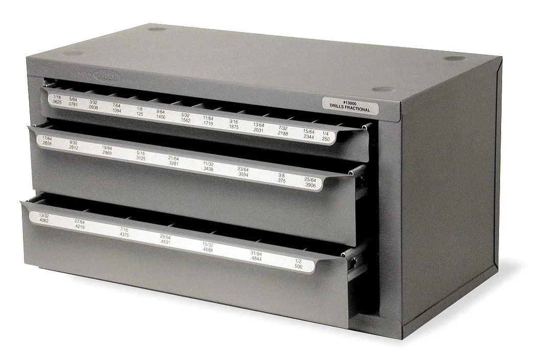 Huot C23992 steel drill bit cabinet with 29 compartments and three drawers