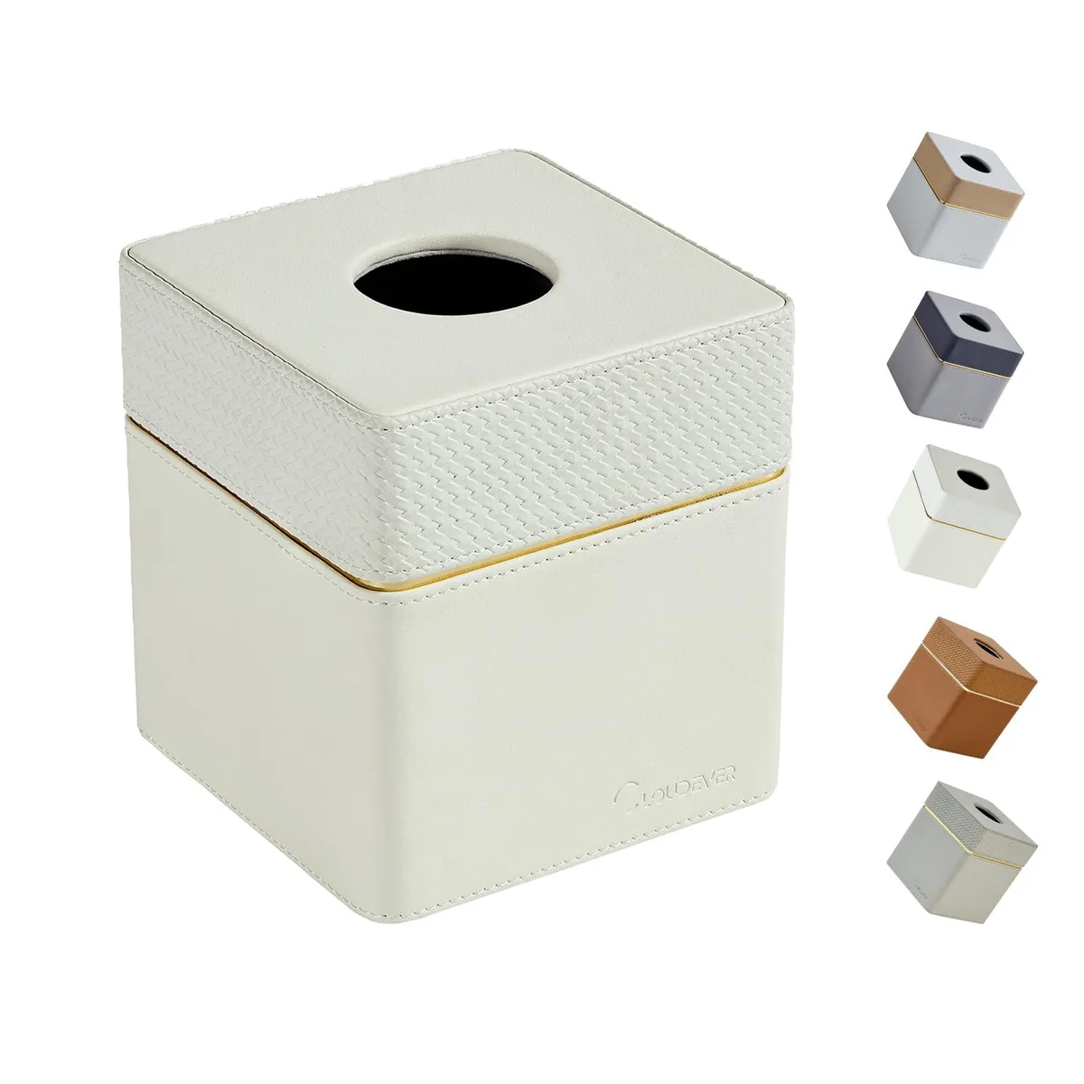 Square woven white tissue box holder with gold accent stitching and large top opening