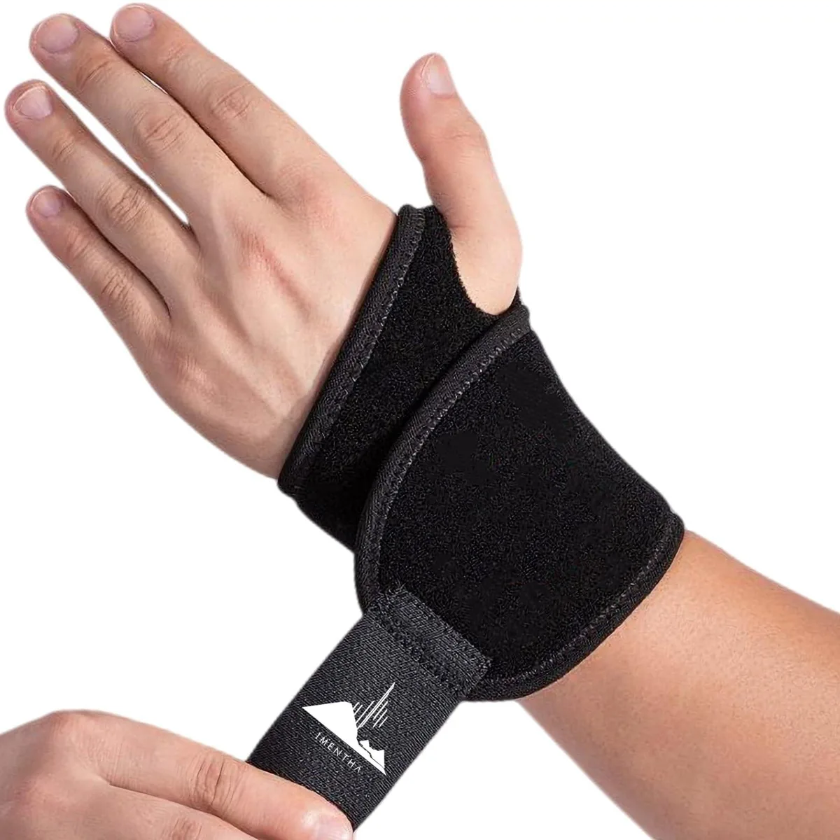 Pair of black neoprene wrist braces with adjustable hook-and-loop straps, shown flat