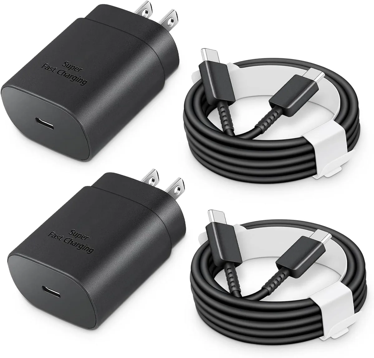 Two compact white USB-C wall chargers with matching six-foot cables