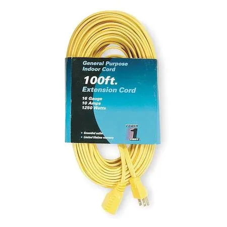 Flat yellow PVC indoor extension cord 100 ft long with straight plug and single outlet