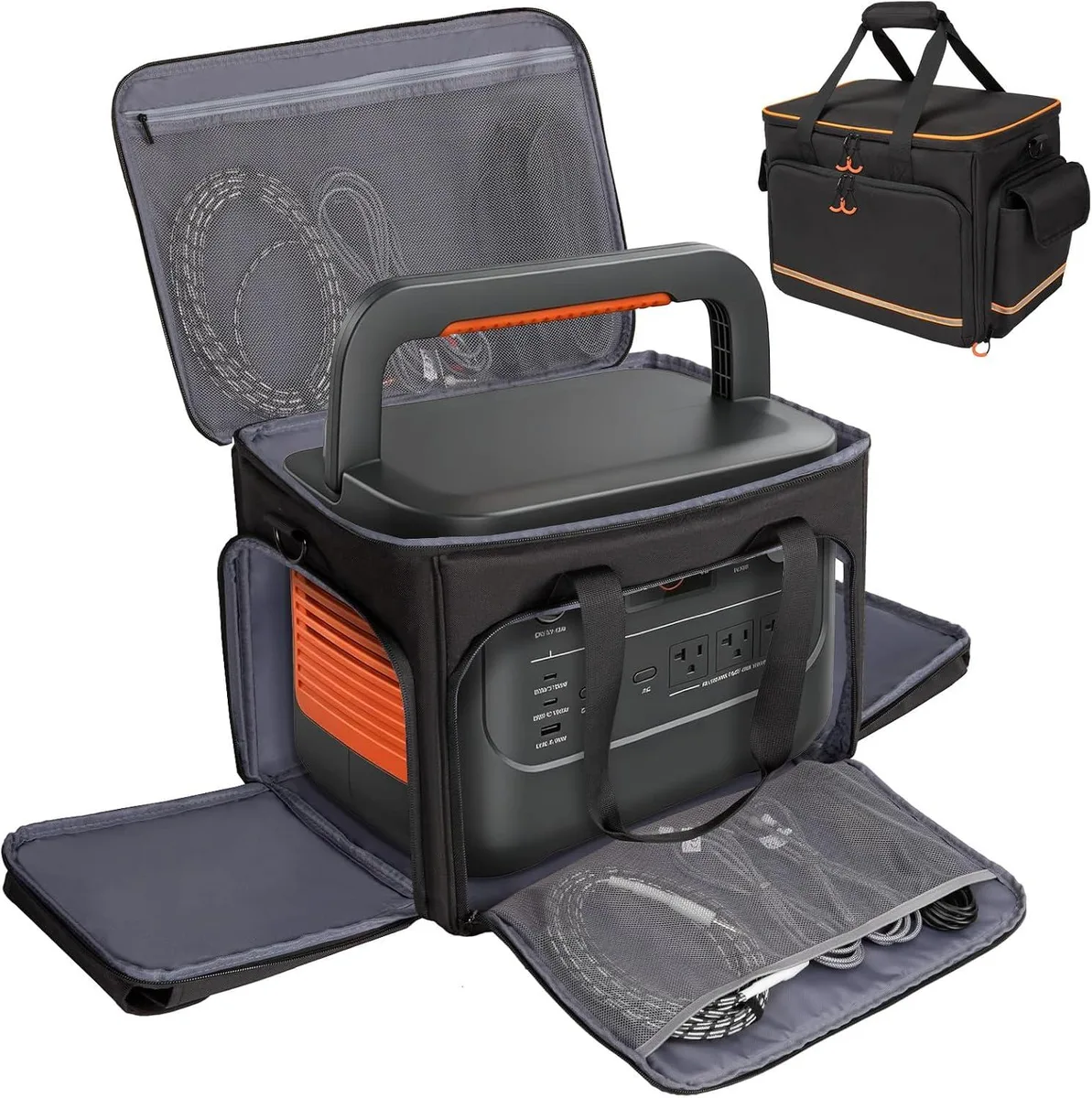 Grey rectangular bag with zippered sides, carry handle and shoulder strap