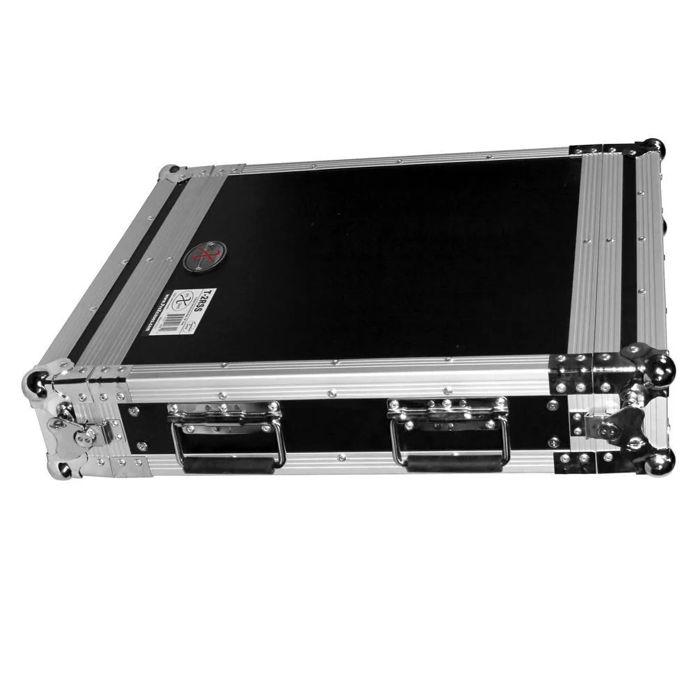 Black 2U rack case with front and rear removable lids, spring handles, butterfly latches and rubber feet