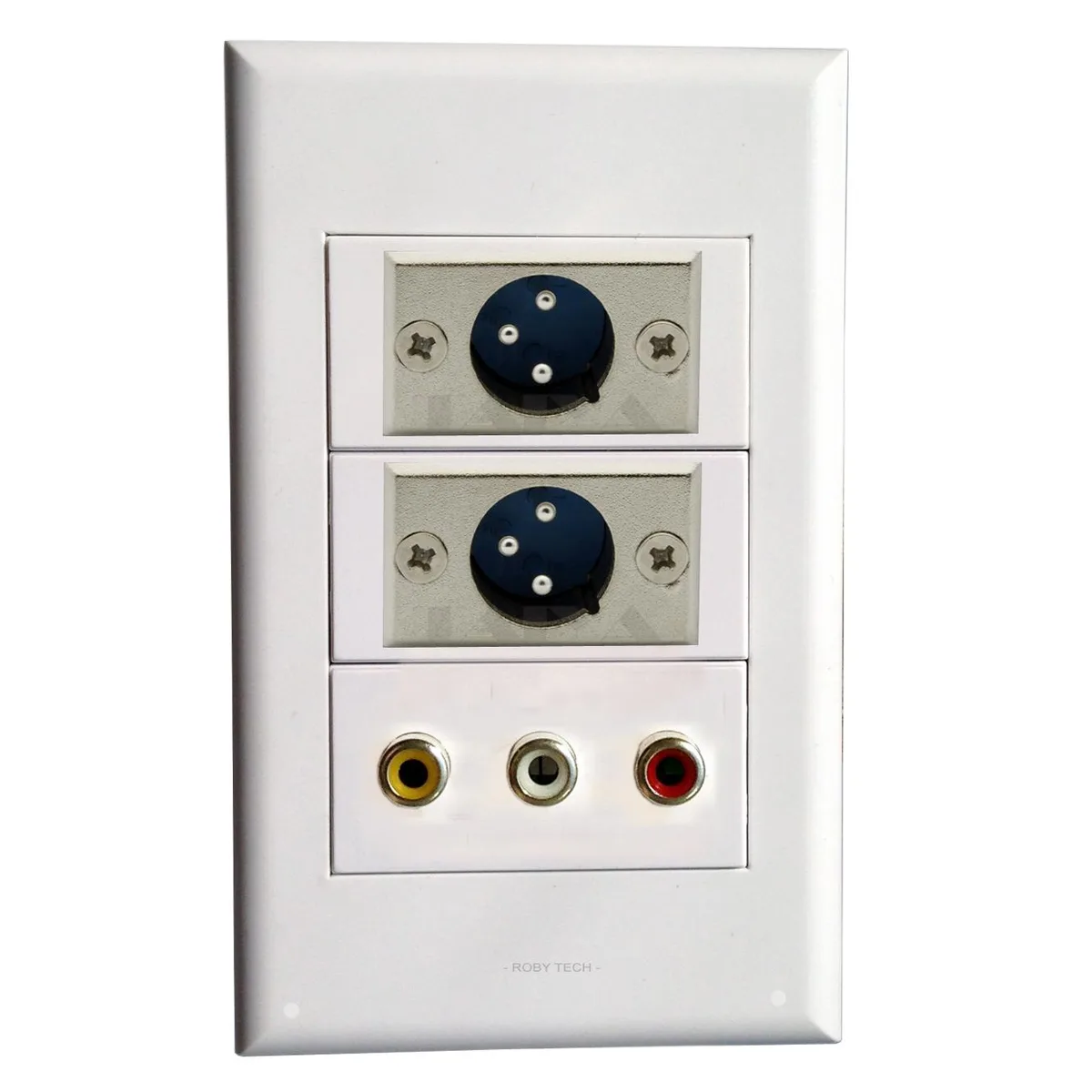 Roby Technology Co., Limited Roby Technology Co., Limited Wall Plate 2X XLR Male+ 3RCA White 118x72mm — product photo