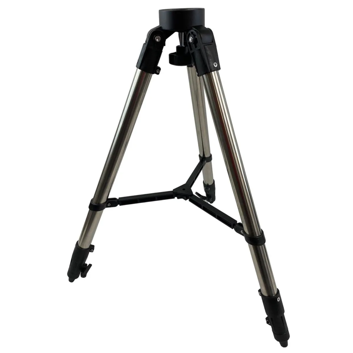 Stainless steel tripod with die-cast aluminium top, 1.25 inch legs, folds to 27 by 6 inches