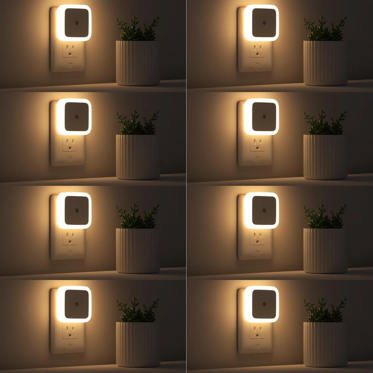 Eight small rectangular orange night lights with plug-in bases