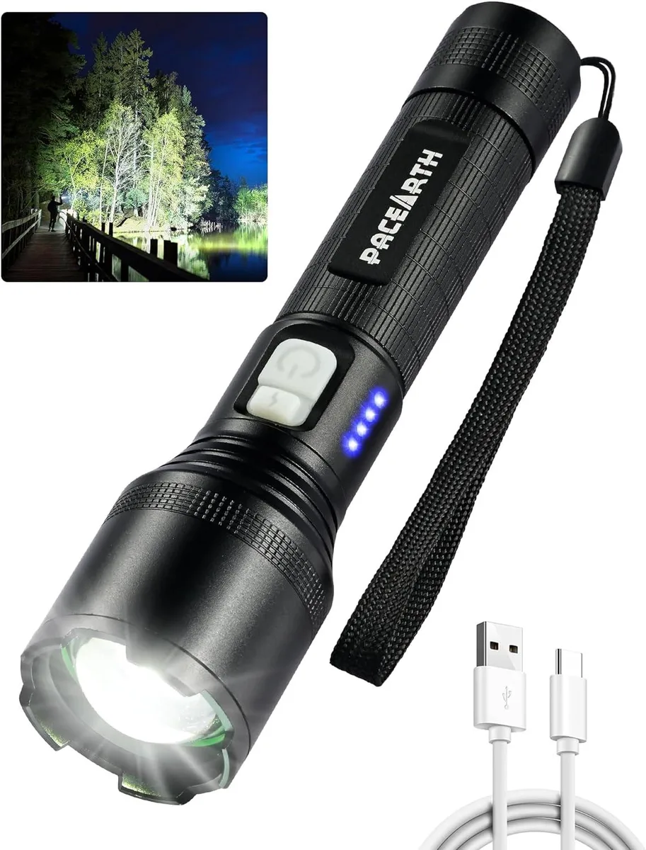 Cylindrical black tactical flashlight with fluorescent buttons and hidden USB-C port
