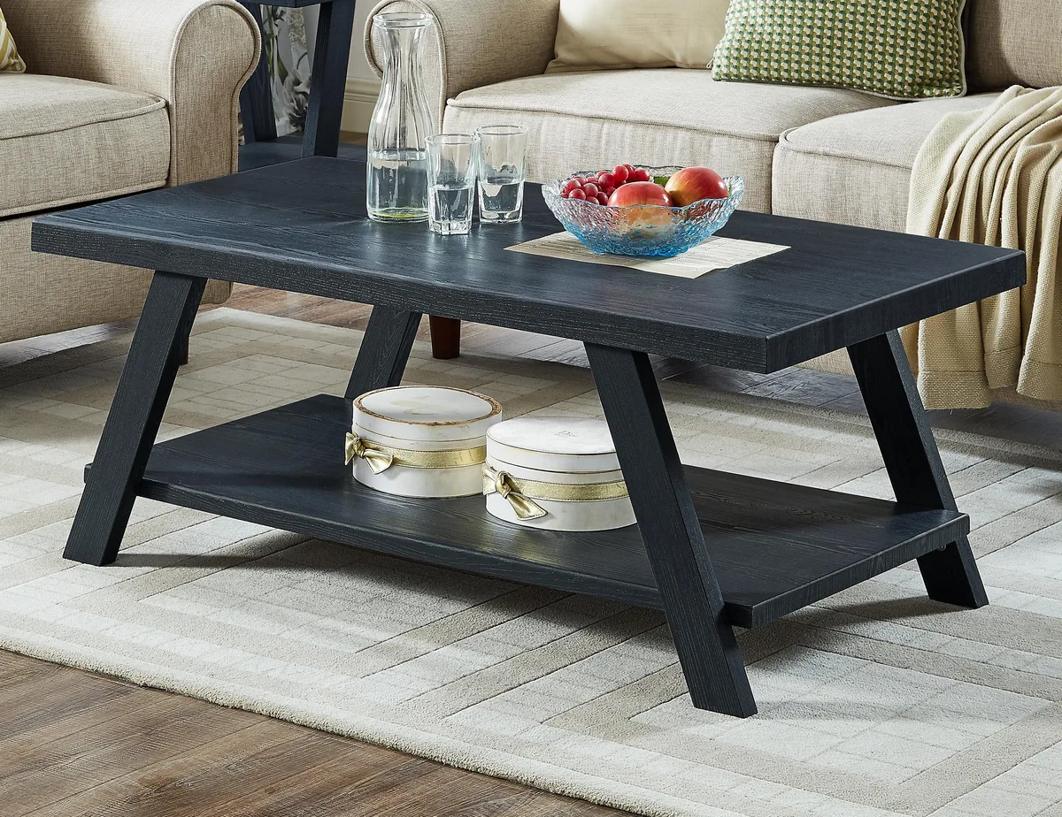 Black rectangular coffee table with lower shelf and angled legs