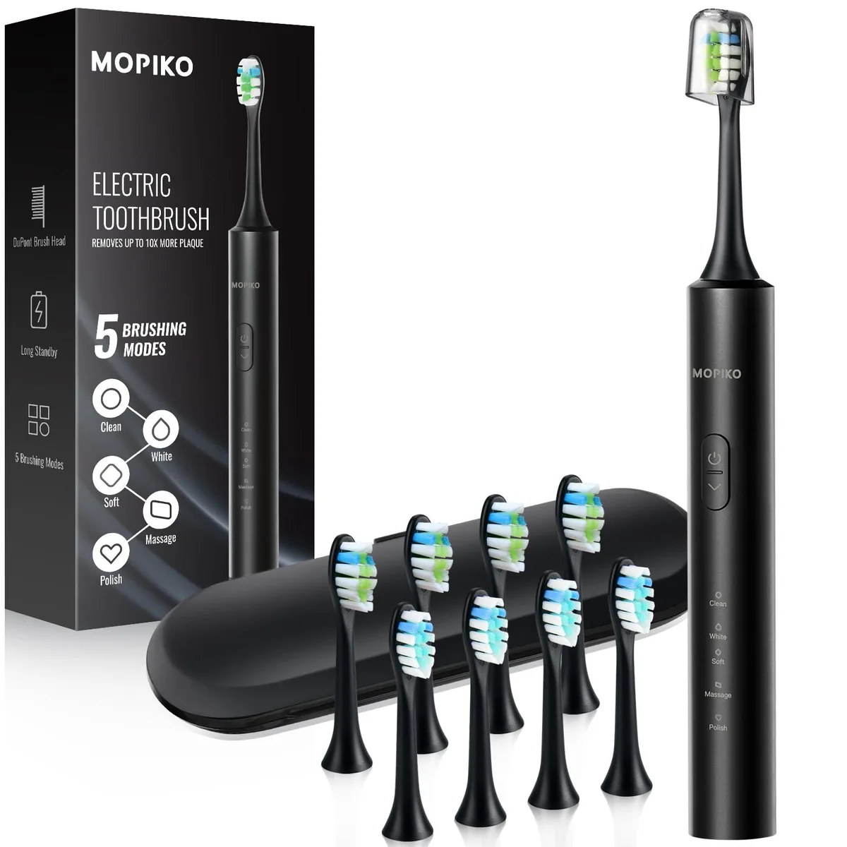 Black sonic electric toothbrush with eight brush heads and travel covers