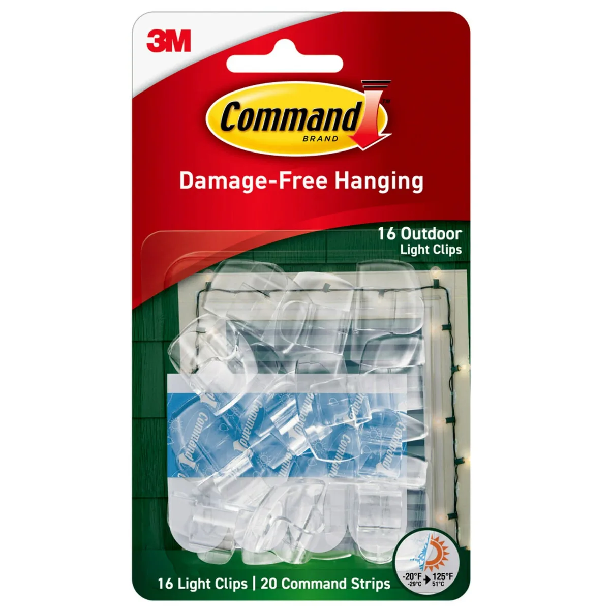 Sixteen clear plastic clips and twenty white adhesive strips on backing card