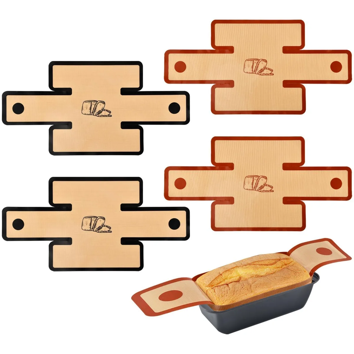 Four black and red silicone loaf pan liners with sling handles