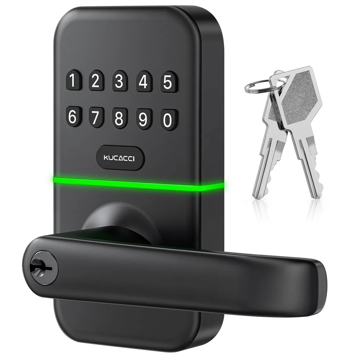 Black aluminium smart door lock with keypad handle, 8 by 3.9 by 8.74 inches
