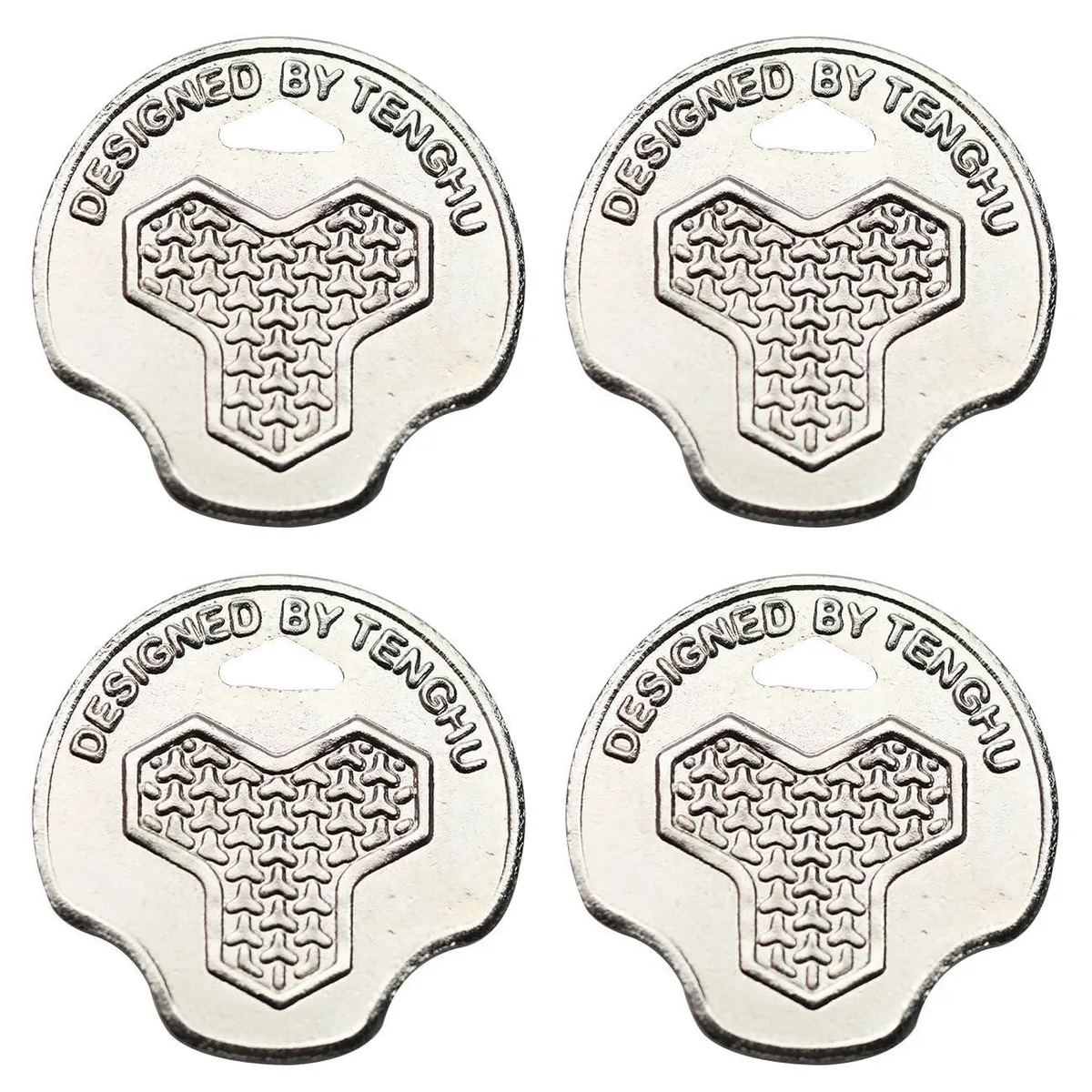 Four small silver coin wrenches with keyring holes, each about 25 mm wide