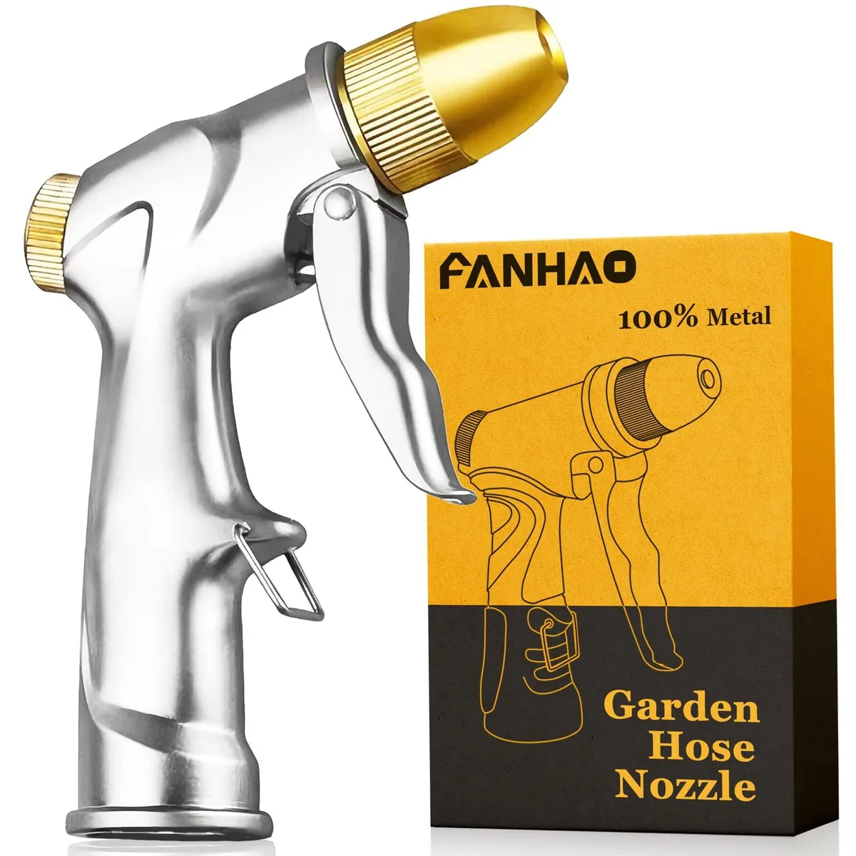 Metal garden hose nozzle with adjustable spray head and lock clip