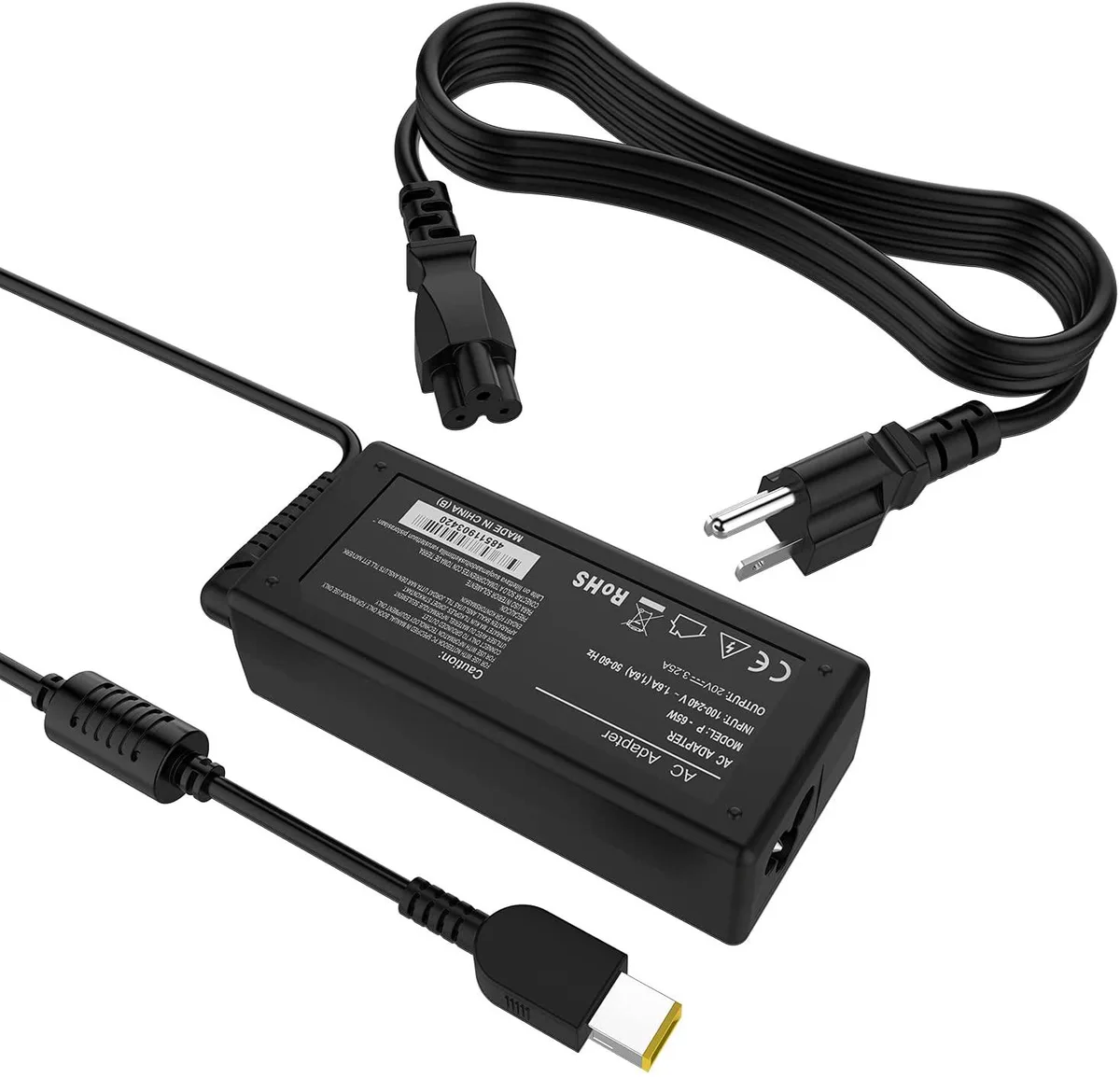 Black rectangular power brick with slim square tip connector and three-prong plug