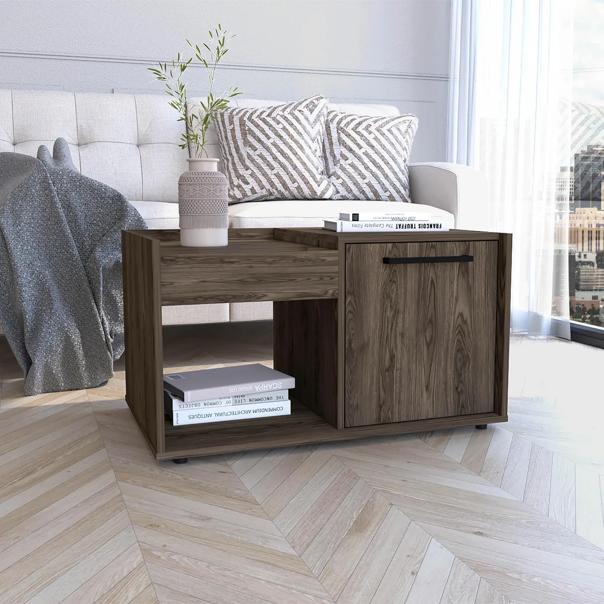 Rectangular dark walnut coffee table with open shelf and single door cabinet