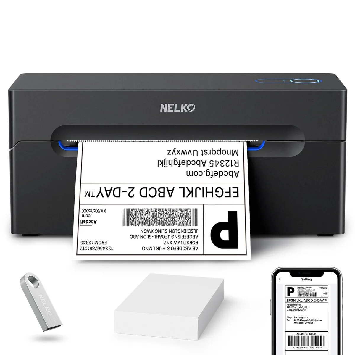 Compact black thermal label printer with Bluetooth and USB connectivity