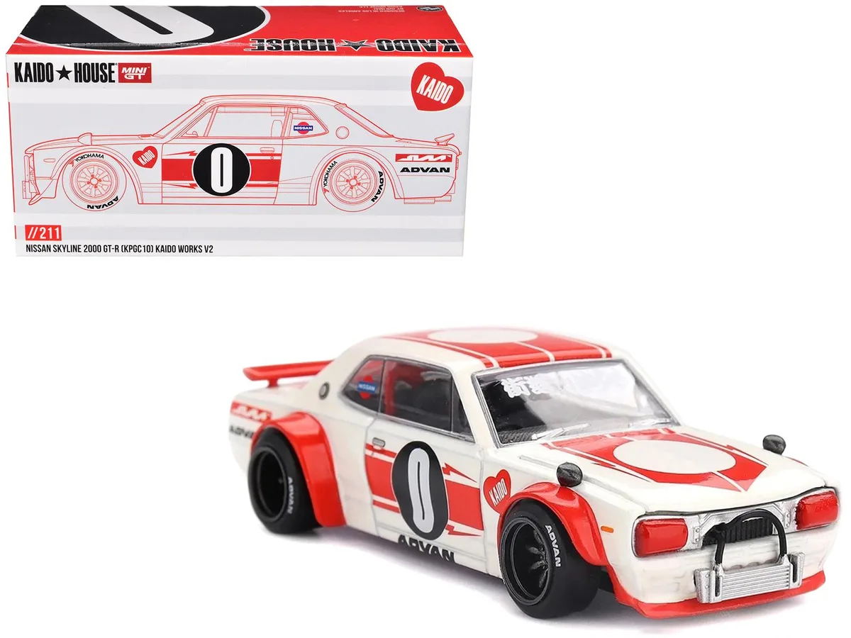 Mini GT Mini GT Nissan Skyline 2000GT-R Kaido Works V2 RHD White Red 1/64 Diecast — product photo
