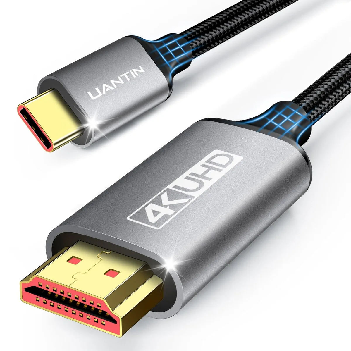 Gray six-foot USB-C to HDMI cable with aluminum connectors and braided nylon jacket