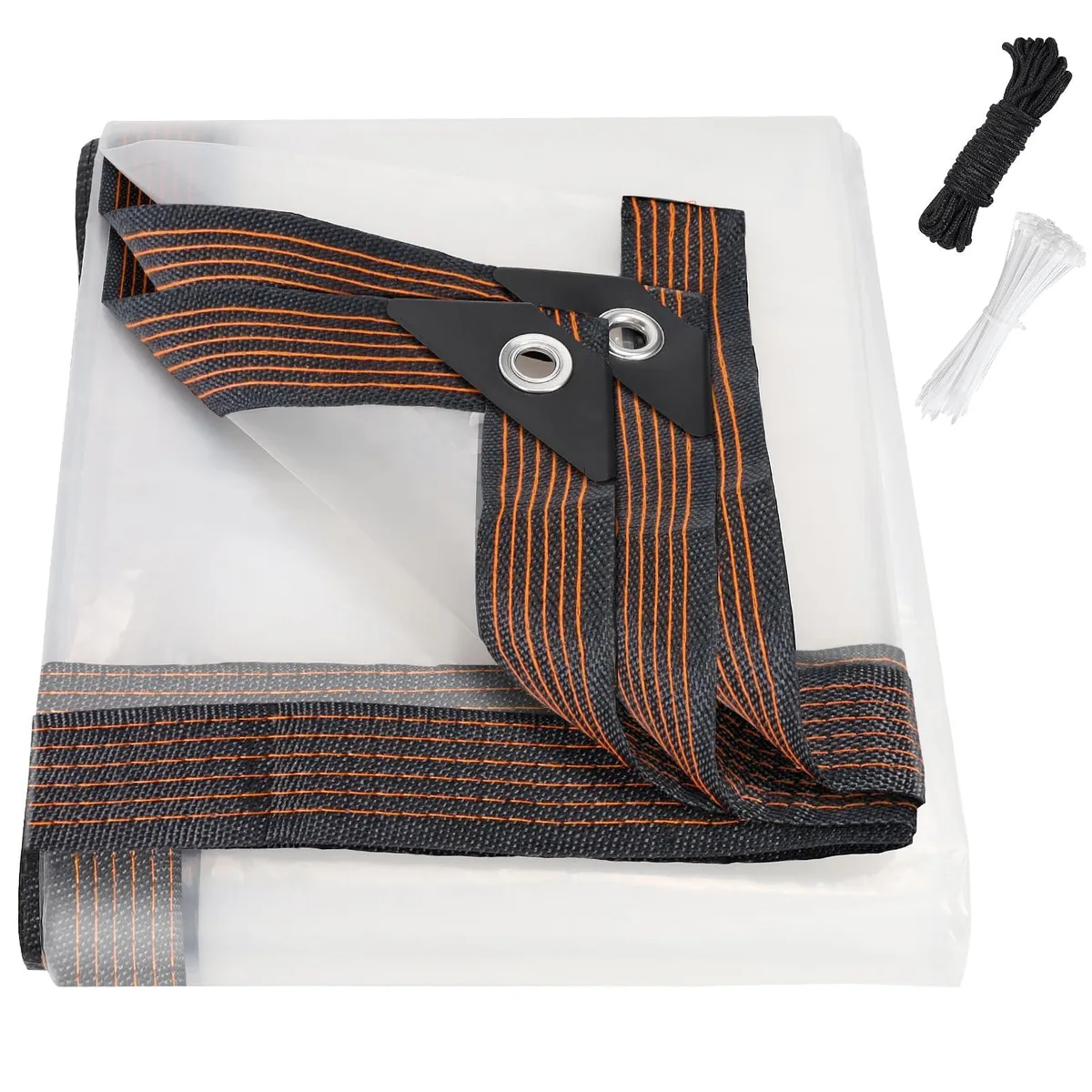 Clear 8x10ft PE tarp with metal grommets, rope and 30 cable ties