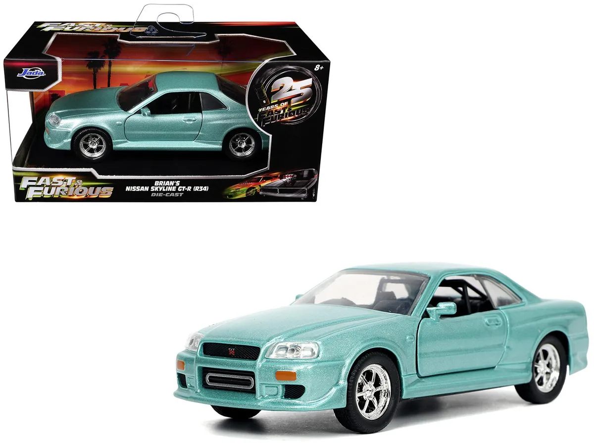 Jada Jada Brian's Nissan Skyline GT-R (BNR34) RHD Turquoise Metallic Fast &amp; Furious 1/32 Diecast hobby collectible — product photo